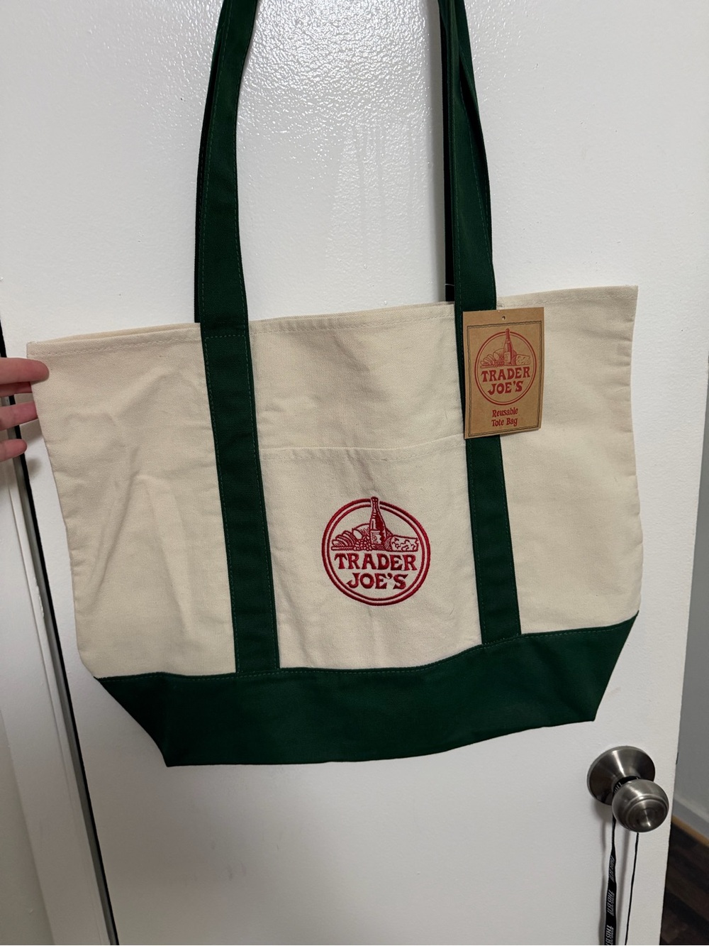 Trader Joe's Cream and Dark Green Canvas Tote